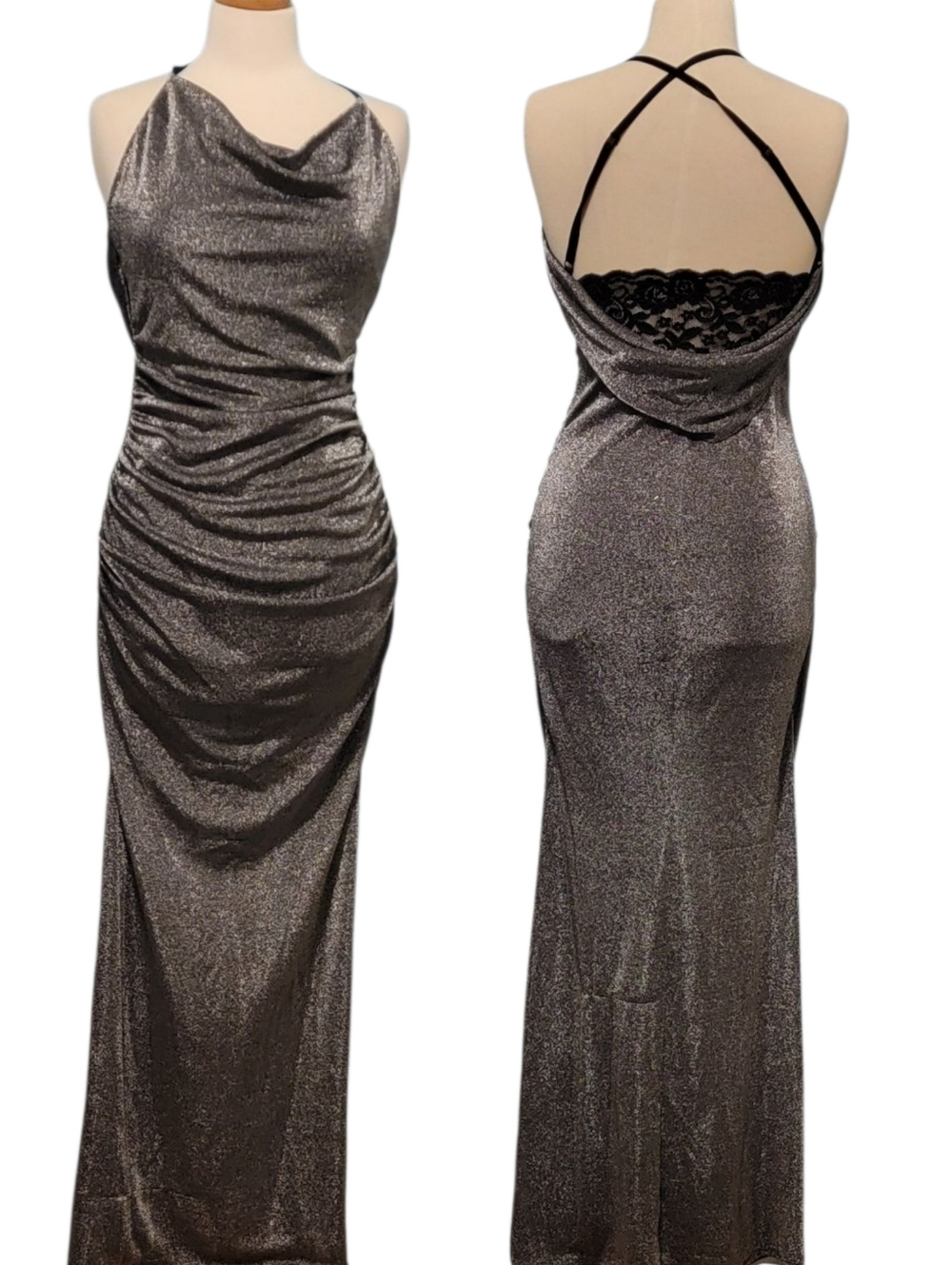 A.Byer Metallic Shimmer Spaghetti Strap Back Lace Cowl Rouched Slit Dress